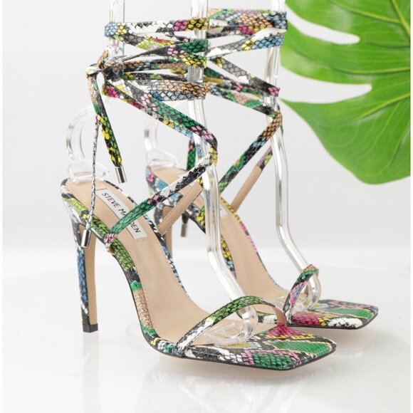 Steve Madden Womens Uplift Sandal Size 7.5 Multicolor Snake Strappy Ankle Wrap - Picture 1 of 13
